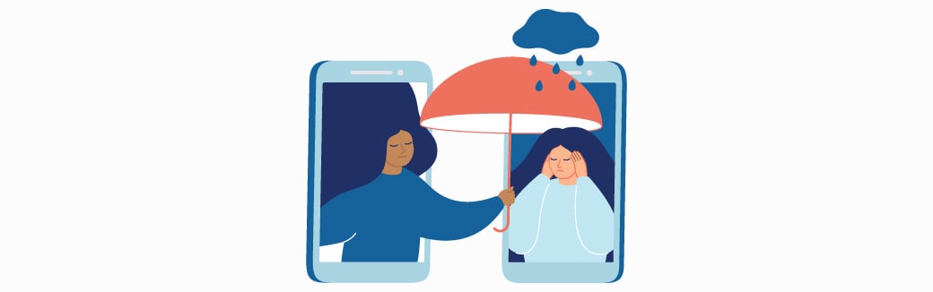 illustration of one person holding an umbrella over another person.